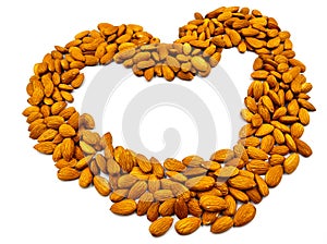 Almonds heart shape design on white background