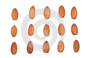 Almonds isolated on white background. Flat lay pattern. Set or collection