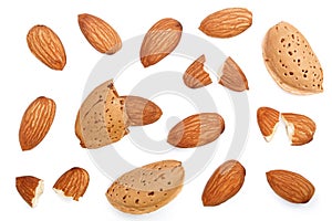 Almonds isolated on white background. Top view. Flat lay pattern