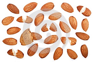 Almonds isolated on white background. Top view. Flat lay pattern