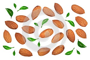 Almonds isolated on white background. Top view. Flat lay pattern