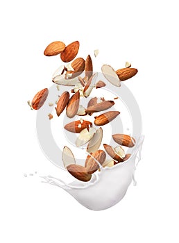 Almonds with milk on a white background