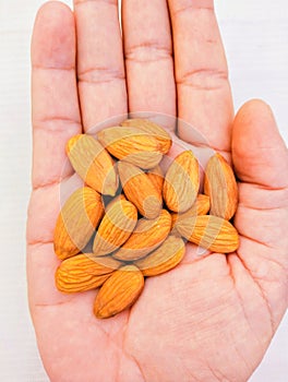 Almonds nuts on hand palm Badam sweet almond nut  food Lauz  amendoa badem  mandle  orechor closeup view image stock photo photo