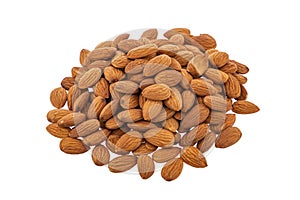 Almonds, nuts heap isolated on white background