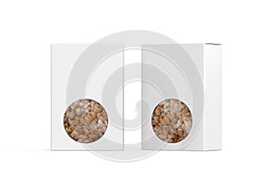 Almonds paper box mockup on isolated white background, cardboard paper packaging box for dry fruits, 3d illustration