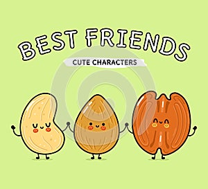 Almonds, pecan and cashews nut. Vector hand drawn cartoon kawaii characters, illustration icon. Funny happy cartoon