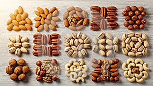 Almonds pecans hazelnuts walnuts pistachios and cashews each