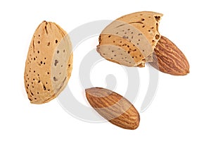 Almonds are peeled and unpeeled isolated on white background without a shadow close up. Top view