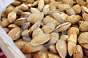 Almonds. Raw organic almonds as a background. Almond nuts with shells. Healthy food concept. Vegetarian. Nuts pattern