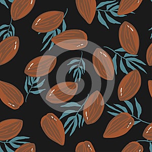 Almonds seamless brown pattern vector illustration. hand drawing,