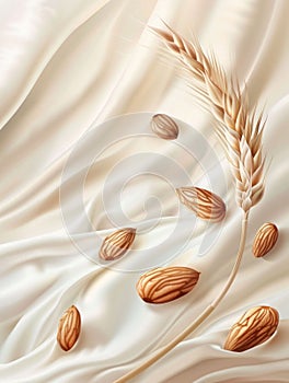 Almonds and Wheat on Silky Cream Background. Generative ai