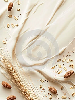 Almonds and Wheat on Silky Cream Background. Generative ai