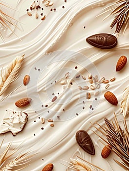 Almonds and Wheat on Silky Cream Background. Generative ai