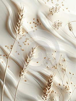 Almonds and Wheat on Silky Cream Background. Generative ai