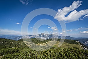 View over a green alpine pasture. photo