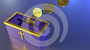 Alms or tithe box and gold coins 3d rendering