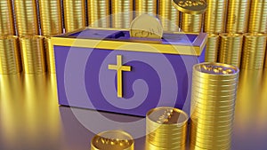 Alms or tithe box and gold coins 3d rendering