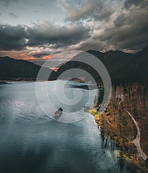 The Almsee lake in the austrian apls aerial view during spring