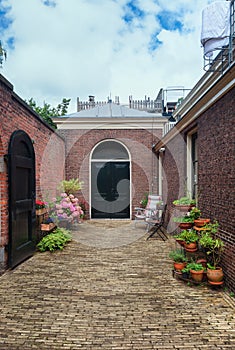 The almshouse the green garden in the old center of Haarlem