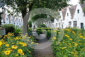 Almshouses of Meulenaere and Saint Joseph - Bruges brugge, Belgium, photographed from the courtyard garden