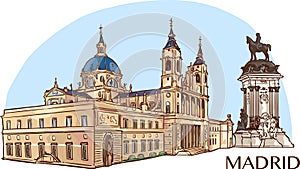 Almudena Cathedral and buen retiro park  vector illustration photo