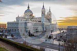The Almudena Cathedral during a colorful sunset in the heart of the Spanish Capital, Madrid.