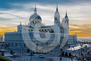 The Almudena Cathedral during a colorful sunset in the heart of the Spanish Capital, Madrid.