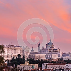 Almudena Cathedral and Royal Palace in Madrid, Spain.