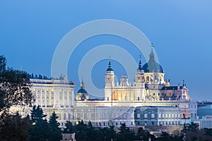 Almudena Cathedral and Royal Palace in Madrid, Spain.