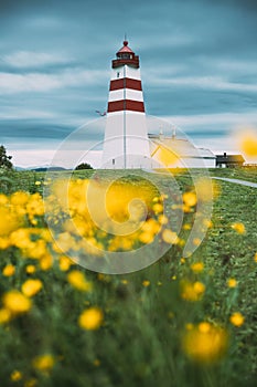 Alnesgard, Godoya, Norway. Old Alnes Lighthouse In Summer Day In Godoy Island Near Alesund Town. Alnes Fyr photo
