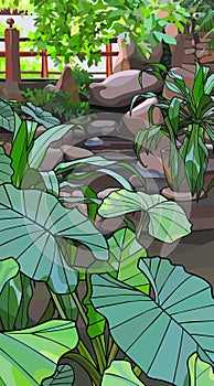 Alocasia plant on a background of landscape design with stones and plants