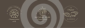 Aloe, chamomile, almond logotypes in line style. Vector