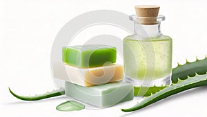 Aloe gel with soap bars on white background with copy space