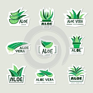 Aloe logo. Botanical healthy plant symbols recent vector aloe vera badges with place for text