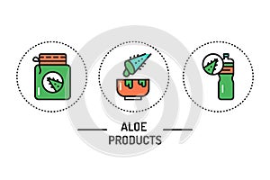 Aloe products color line icons set. Vector illustration. Outline pictograms for web page, mobile app, promo