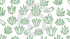 Aloe vera background, agave plant seamless pattern. Succulent wallpaper with line icons of aloevera leaves. Herbal