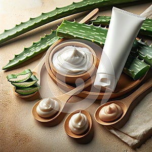 Aloe vera cosmetic cream raw aloe leaves sandy background. Natural skincare product concept organic