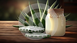 Aloe vera essential oil and aloe vera gel on wood table background