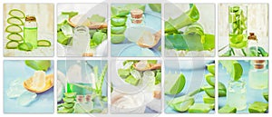 Aloe Vera extract in a small bottle and pieces on the table. Collage of many photos.