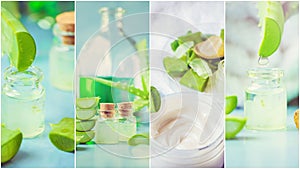 Aloe Vera extract in a small bottle and pieces on the table. Collage of many photos.