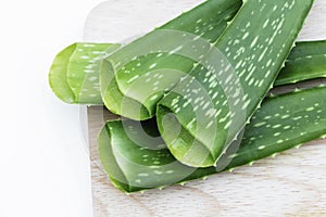 Aloe vera fresh slice on wood background, it is ingredient cosmetics beauty product or food health and medicine as a skin care