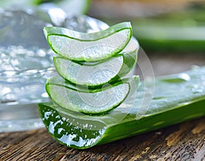 Aloe vera gel in bowl with on wooden table