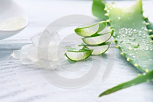 Aloe Vera gel closeup. Sliced Aloevera natural organic renewal cosmetics, alternative medicine. Organic skincare concept