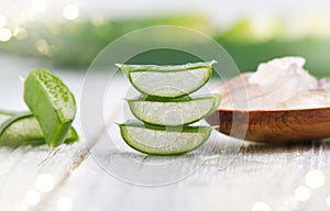 Aloe Vera gel closeup. Sliced Aloevera natural organic renewal cosmetics, alternative medicine. Organic skincare concept