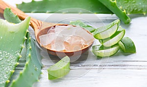 Aloe Vera gel closeup. Sliced Aloevera natural organic renewal cosmetics, alternative medicine. Organic skincare concept photo