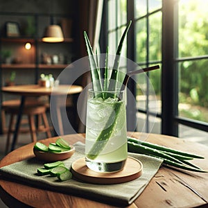 Aloe vera juice served in a clear glass on a wooden table 7