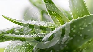 Aloe vera leaves with drops closeup green background