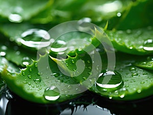 Aloe vera leaves with water droplets on black background