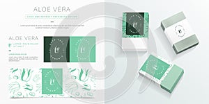 Aloe vera logo and packaging design template. Aloe vera soap package mockup created by vector. Hand drawn aloe vera pattern for