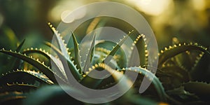 Aloe Vera Plantation, fresh leaf of Aloe Vera in farm garden natural background sun light bokeh